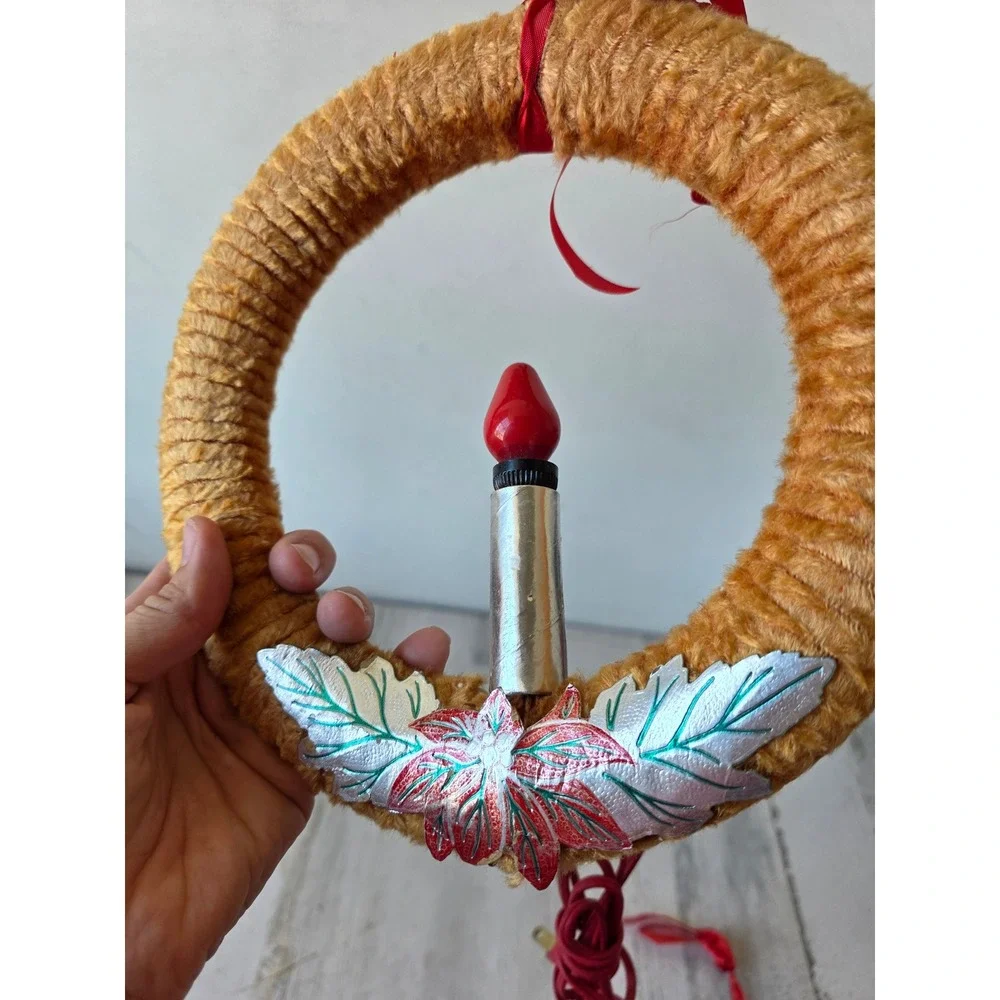 Vintage chenille orange candle wreath hanging Xmas decor working light decor is
